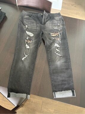 Women’s Distressed Black Jeans with Leopard Patch Detail 2XL